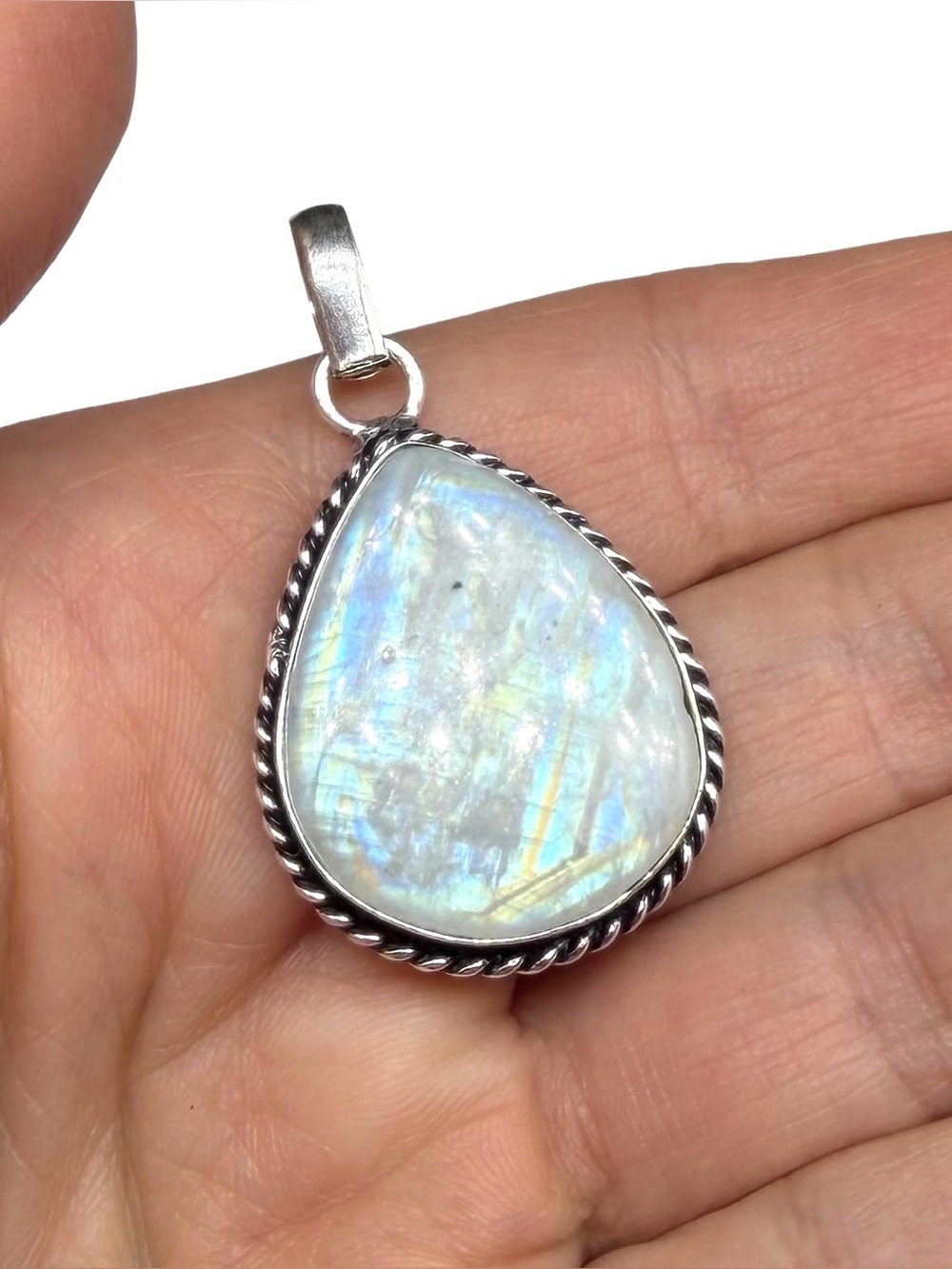 Rainbow Moonstone Necklace Pendant 925 Sterling Silver Overlay